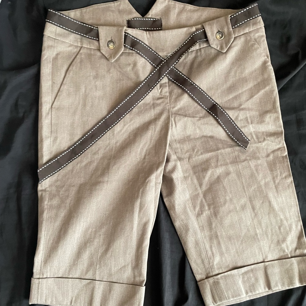 Arden B Tan Herringbone Shorts with Brown Accents
